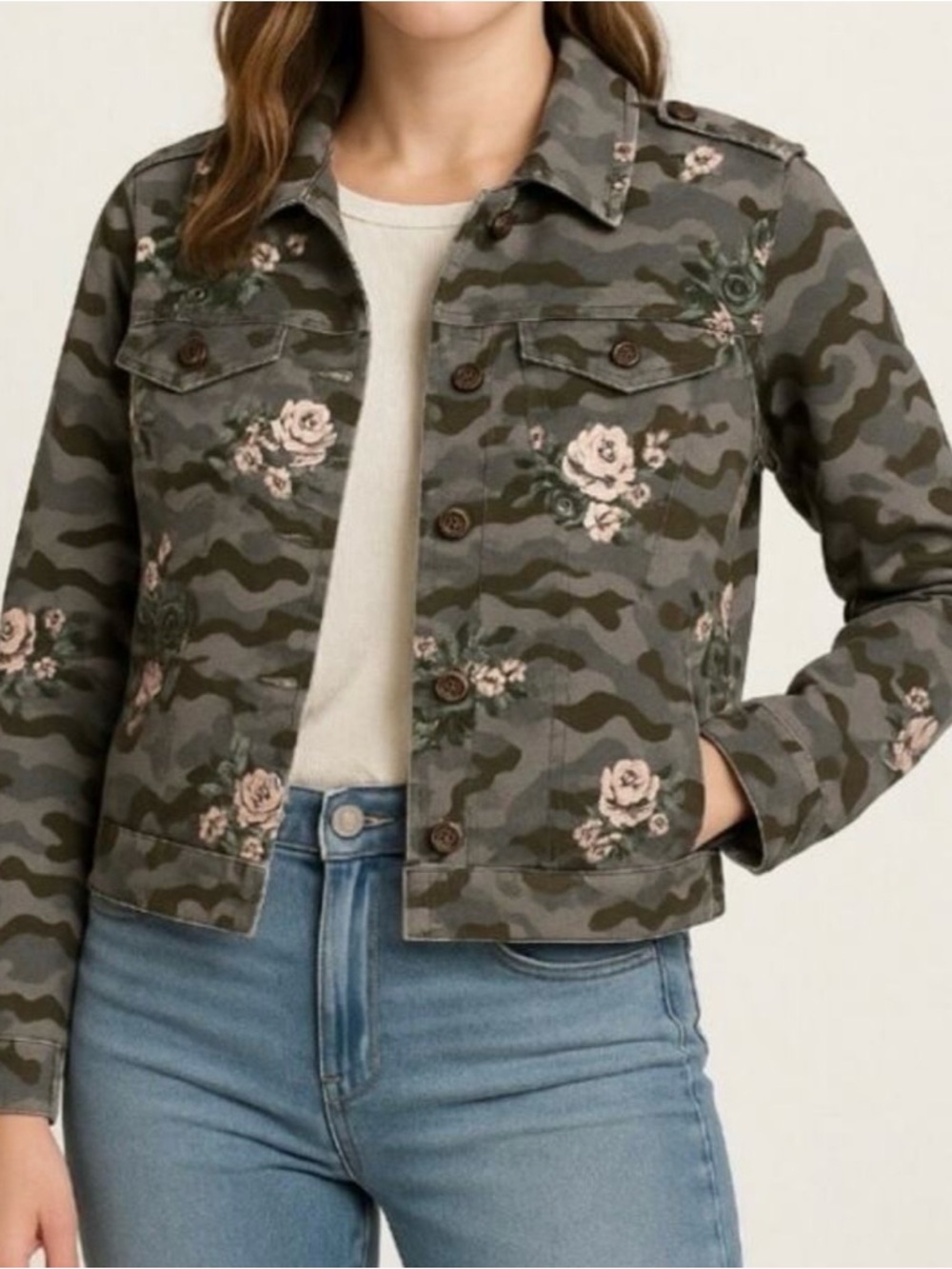Montana Co Women S Camo Brown Gray Lightweight Cropped Floral Jacket Western New